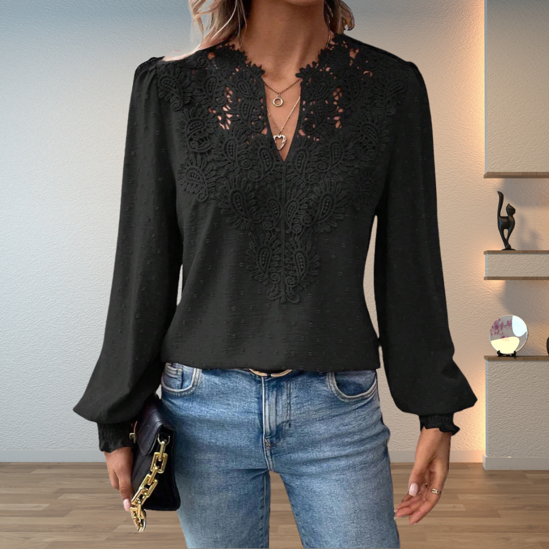 Amalia Blusa Donna con Scollo a V a Maniche Lunghe e Pizzo, foto 2