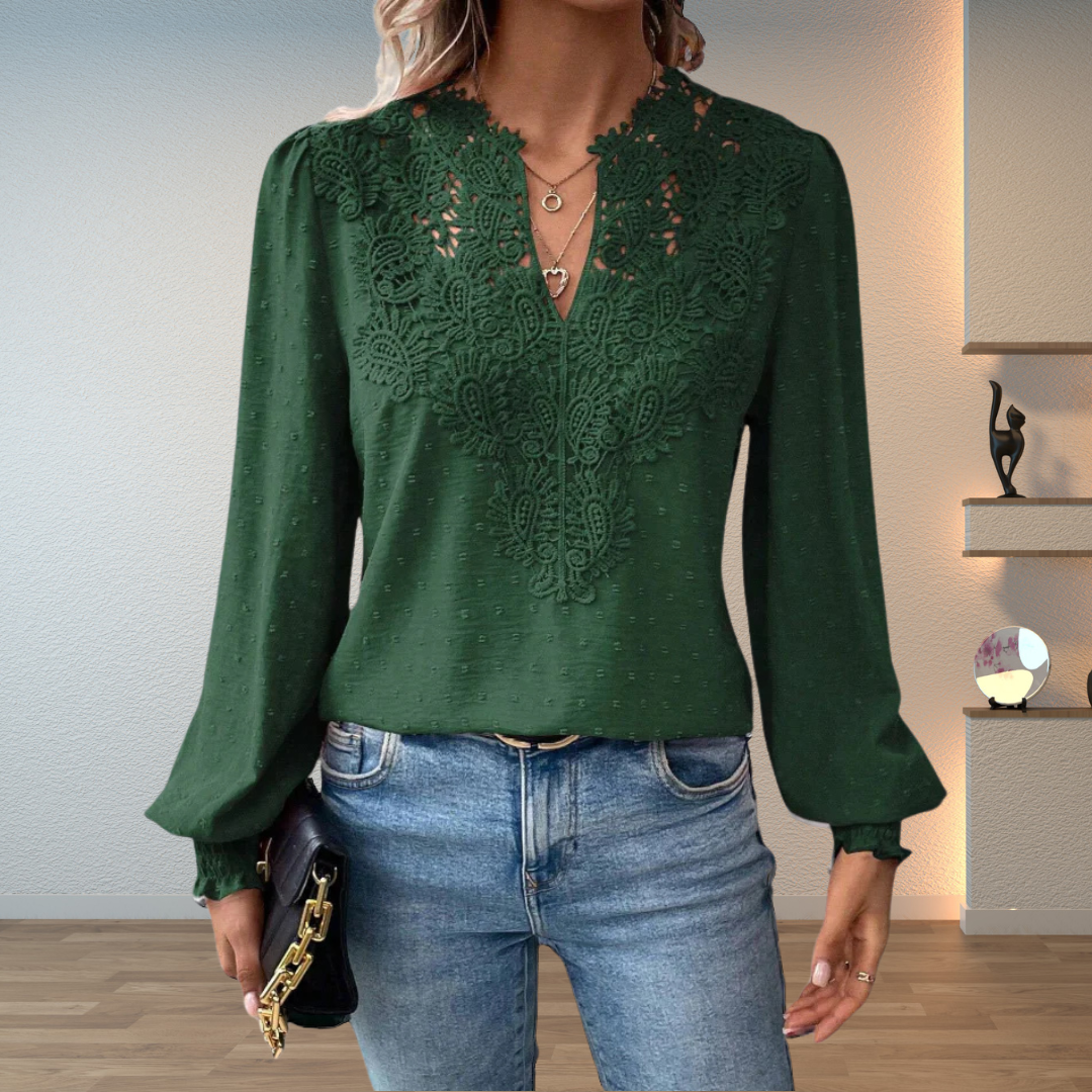 Amalia Blusa Donna con Scollo a V a Maniche Lunghe e Pizzo, foto 3