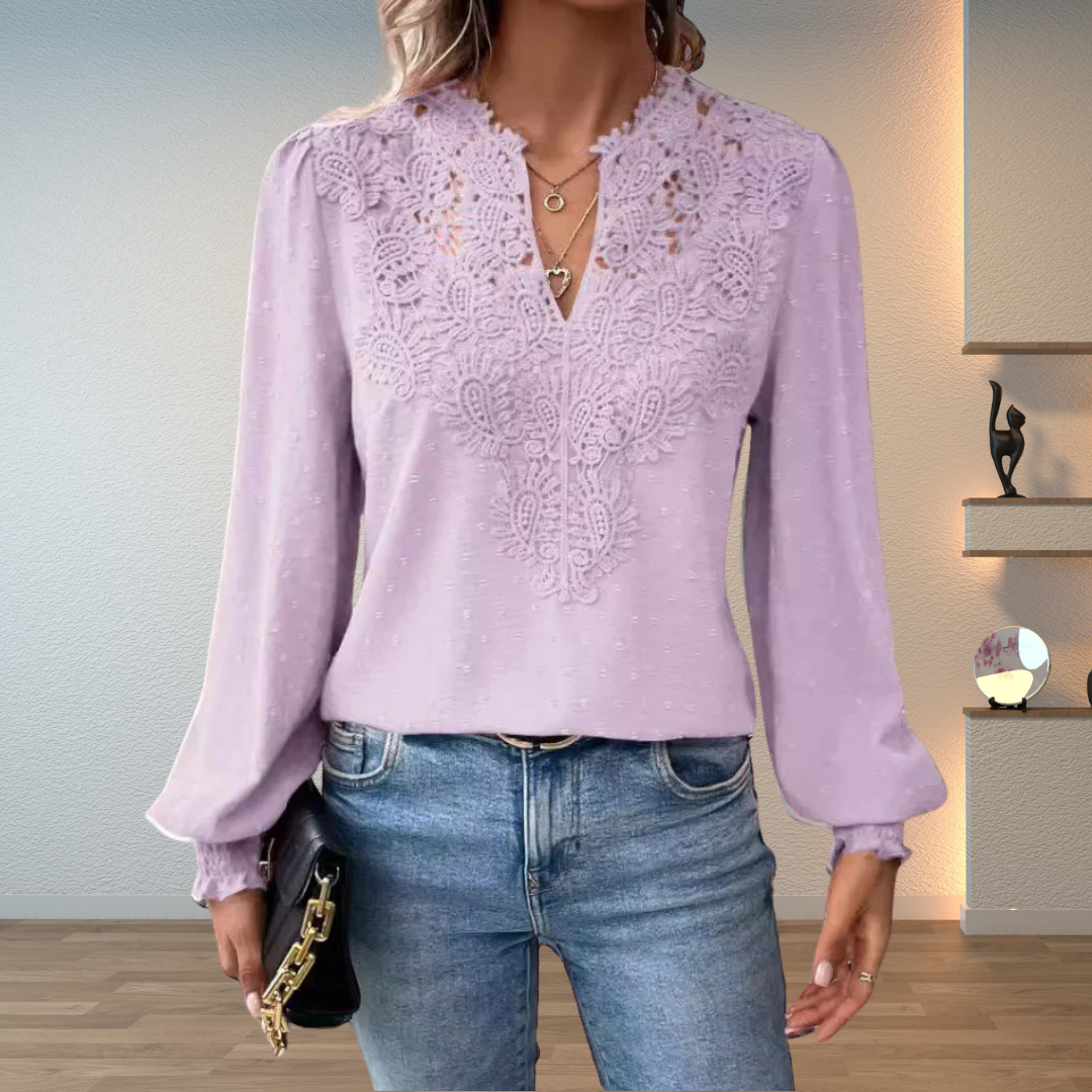 Amalia Blusa Donna con Scollo a V a Maniche Lunghe e Pizzo, foto 4