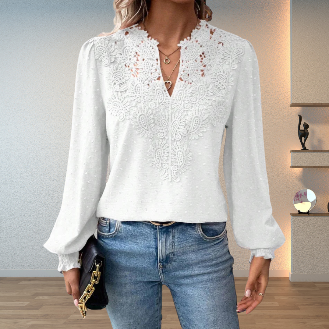 Amalia Blusa Donna con Scollo a V a Maniche Lunghe e Pizzo, foto 6