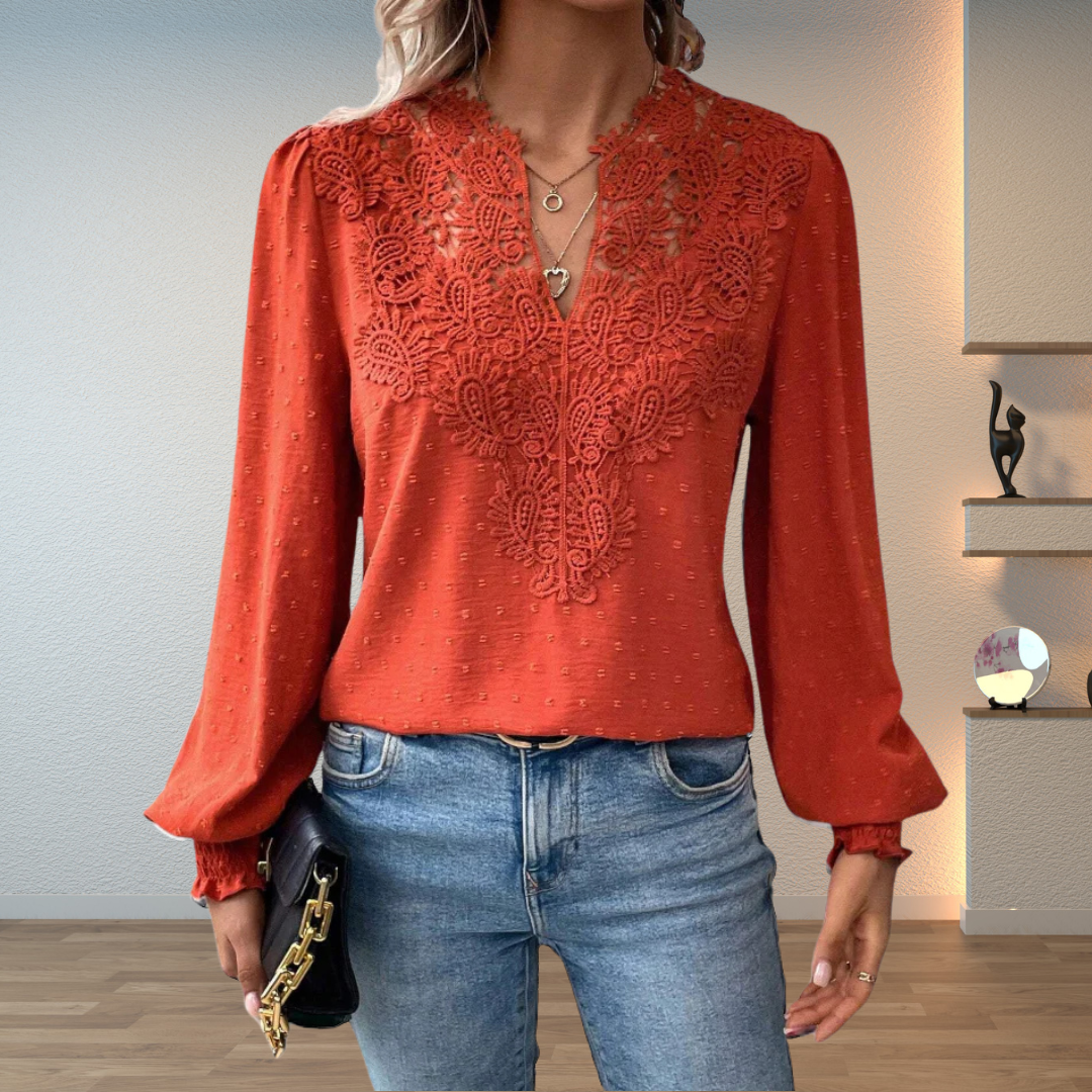 Amalia Blusa Donna con Scollo a V a Maniche Lunghe e Pizzo, foto 7
