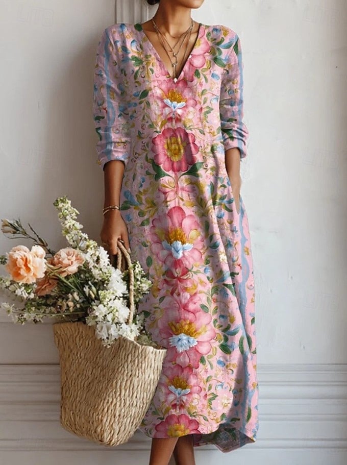 Amata Abito Donna con Scollo a V a Maniche Lunghe in Lunghezza Midi e Stampa Floreale, foto 1