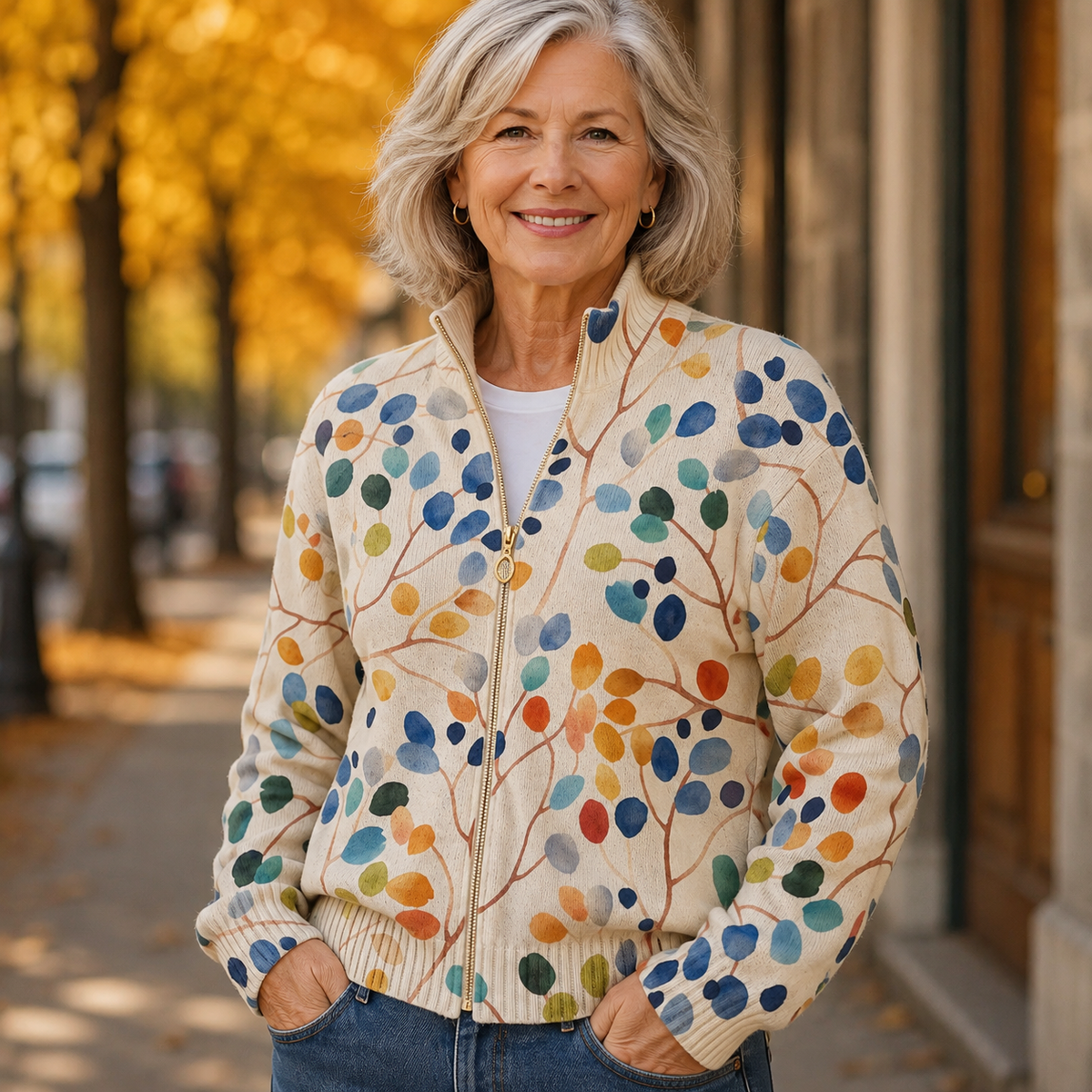 Carmelina Cardigan Donna in Maglia a Coste con Zip e Stampa Integrale, foto 3