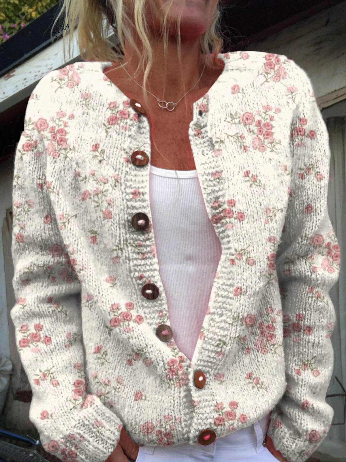 Dora Cardigan Donna in Maglia dalla Vestibilità Morbida con Stampa Floreale, foto 1