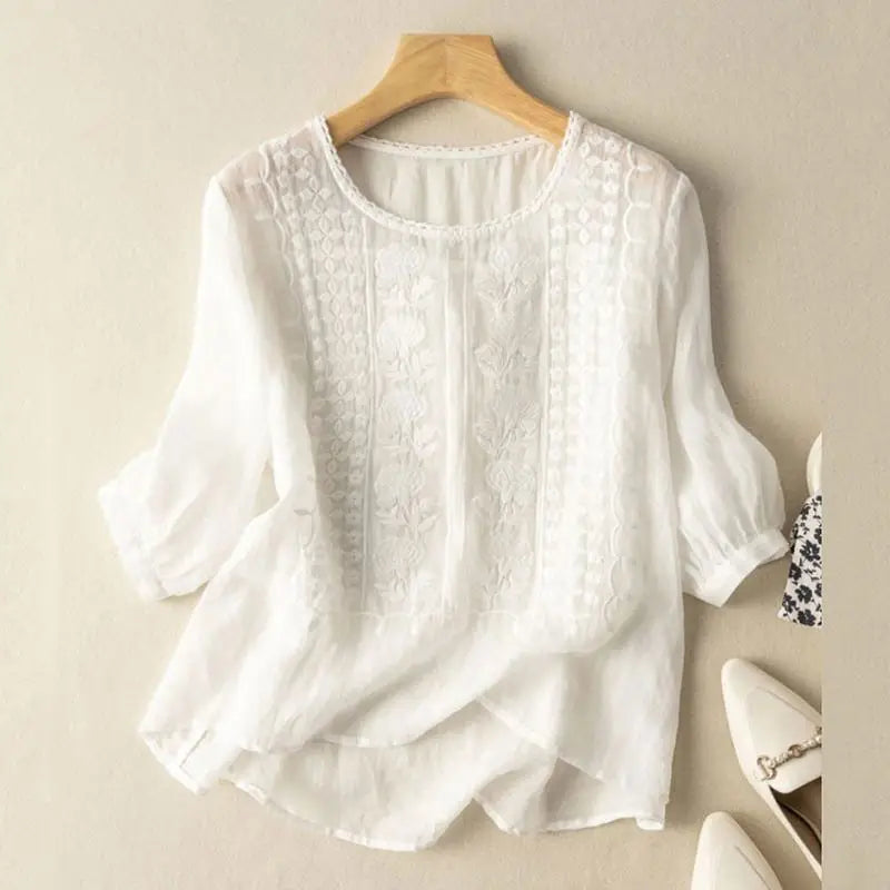 Elga Blusa Donna dalla Vestibilità Morbida con Girocollo e Ricamo, foto 5
