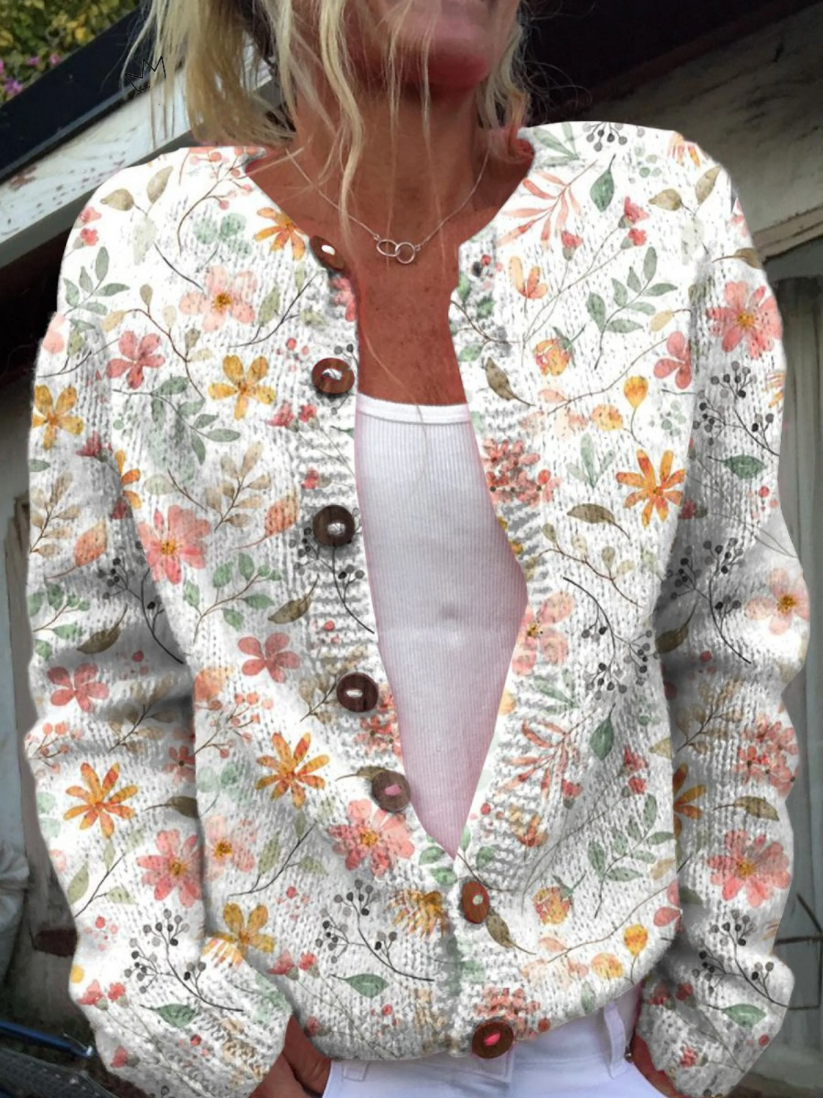 Fedela Cardigan Donna in Maglia con Girocollo e Stampa Floreale, foto 1