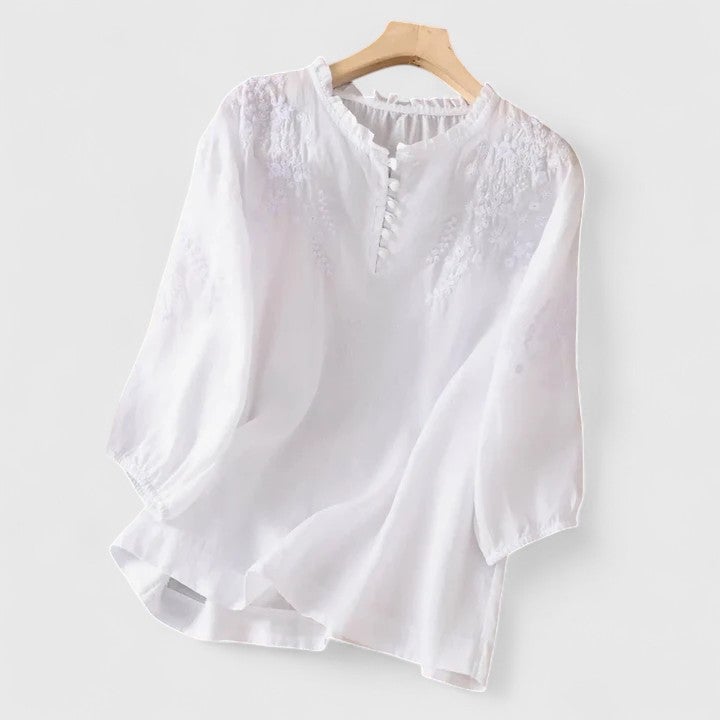Novella Blusa Donna con Collo alla Coreana con Bottoni e Ricamo, foto 1
