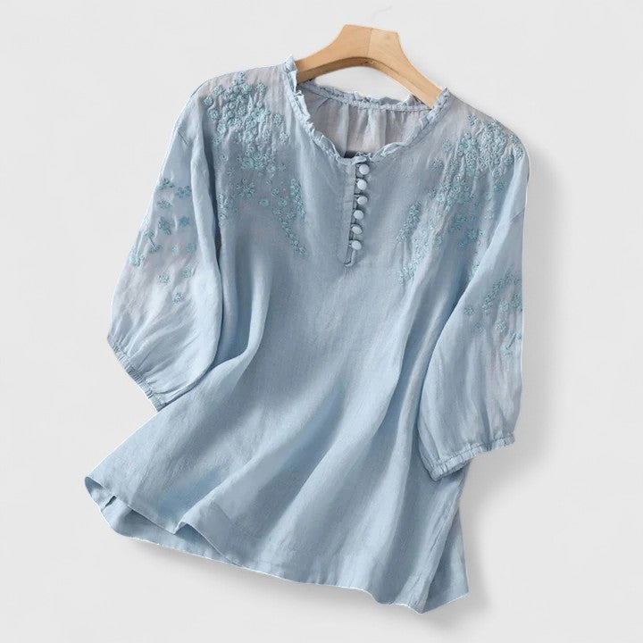 Novella Blusa Donna con Collo alla Coreana con Bottoni e Ricamo, foto 2
