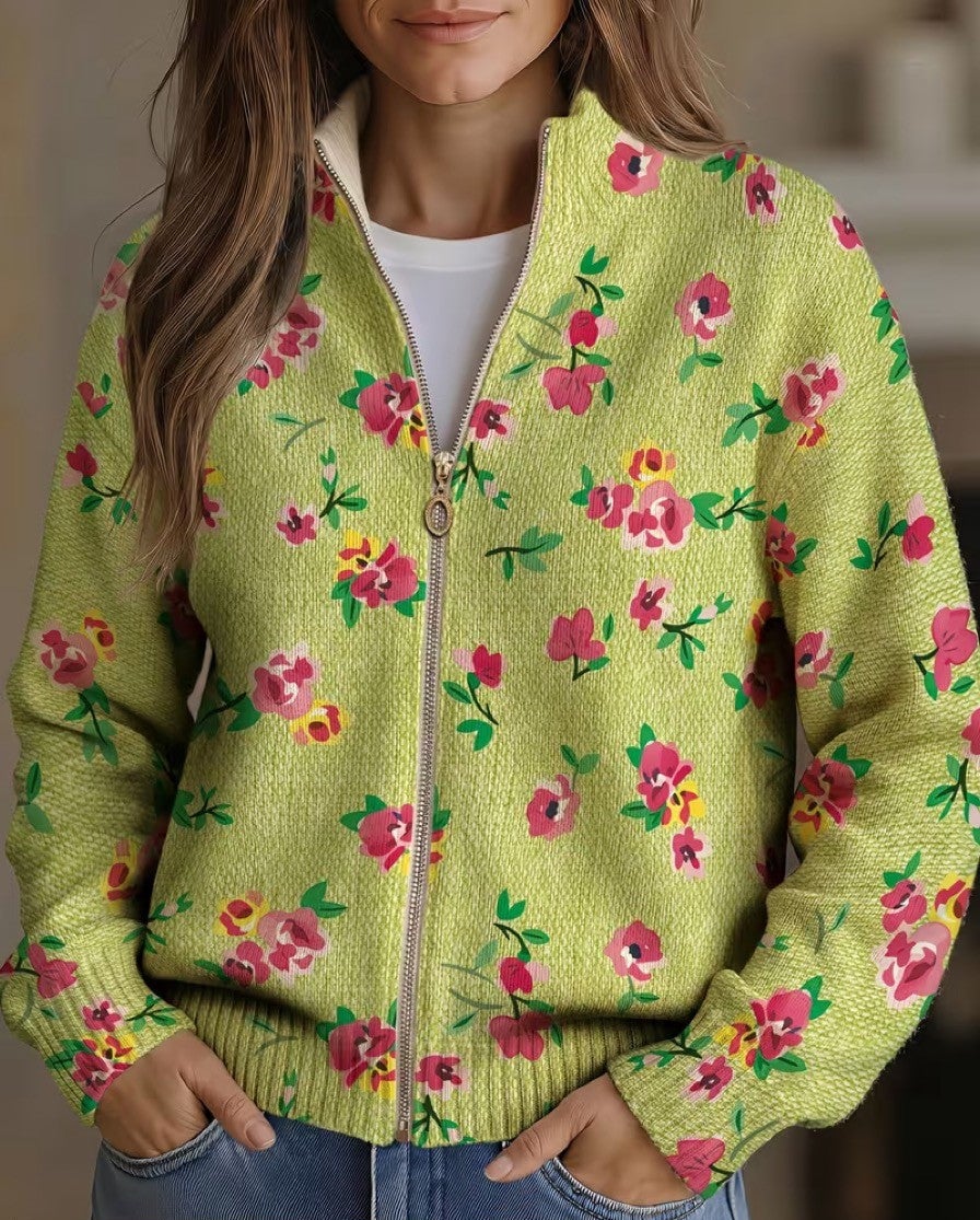 Orietta Cardigan Donna in Maglia con Zip e Stampa Floreale, foto 1