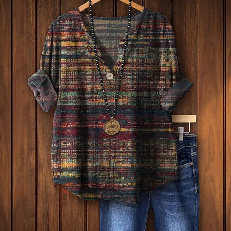 Quirina Blusa Donna con Scollo a V con Maniche a Tre Quarti e Quadri, foto 1