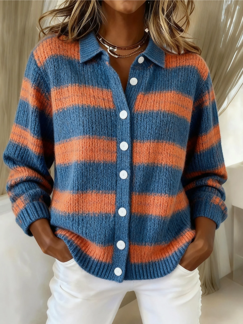 Romana Cardigan Donna in Maglia con Bottoni e Righe, foto 1