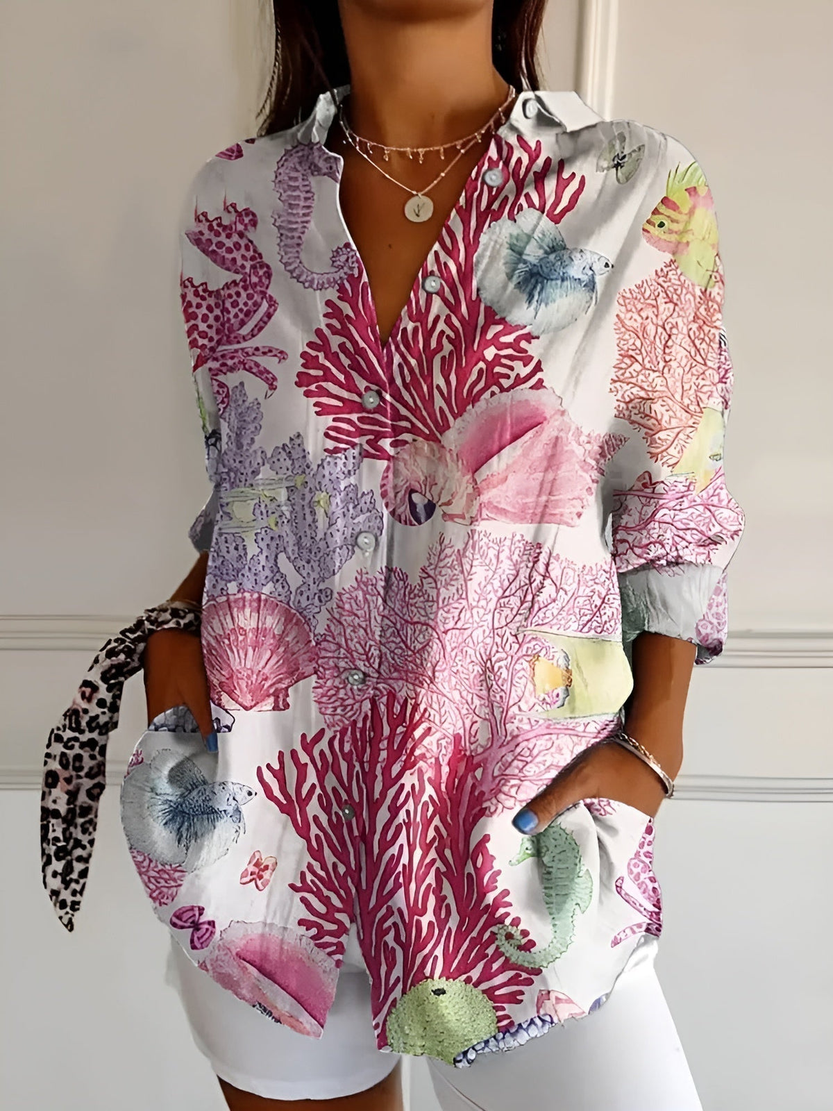 Vilia Blusa Donna con Collo Classico con Bottoni a Maniche Lunghe e Stampa Floreale e Ricamo, foto 3