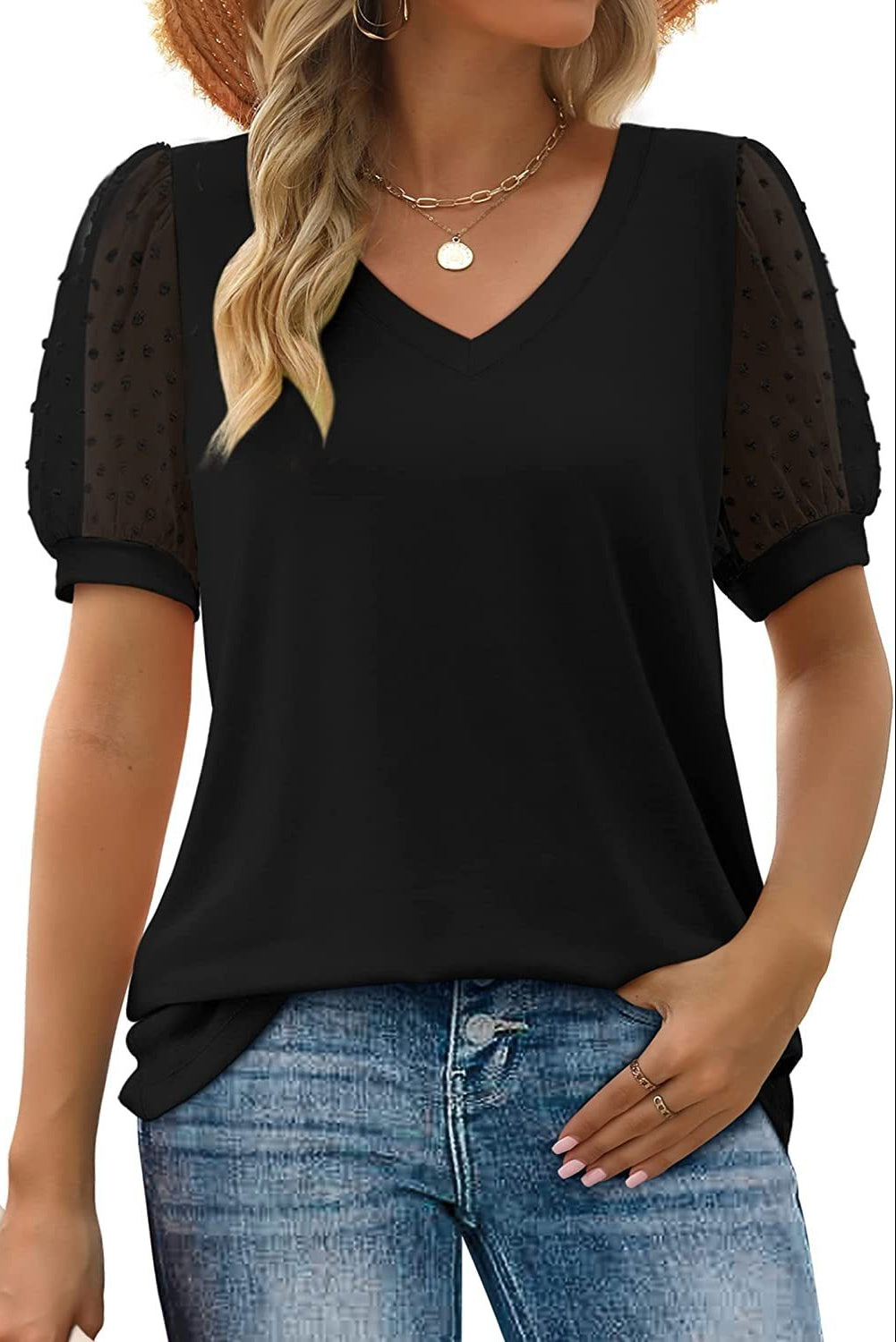 Wanda Blusa Donna con Scollo a V con Maniche a Sbuffo e Rete, foto 2