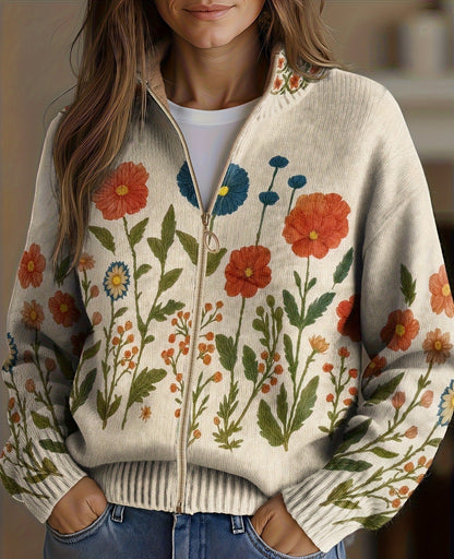 Adele Cardigan Donna in Maglia con Zip e Stampa Floreale e Tasche, foto 1