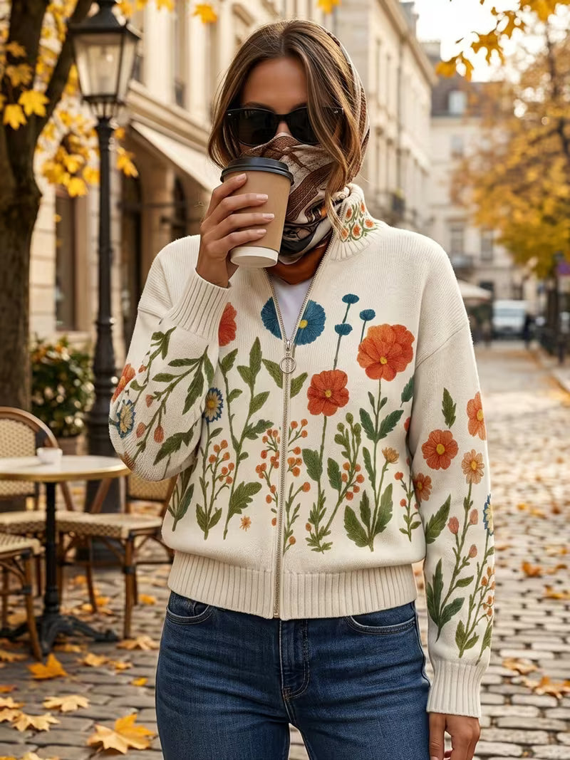 Adele Cardigan Donna in Maglia con Zip e Stampa Floreale e Tasche, foto 2