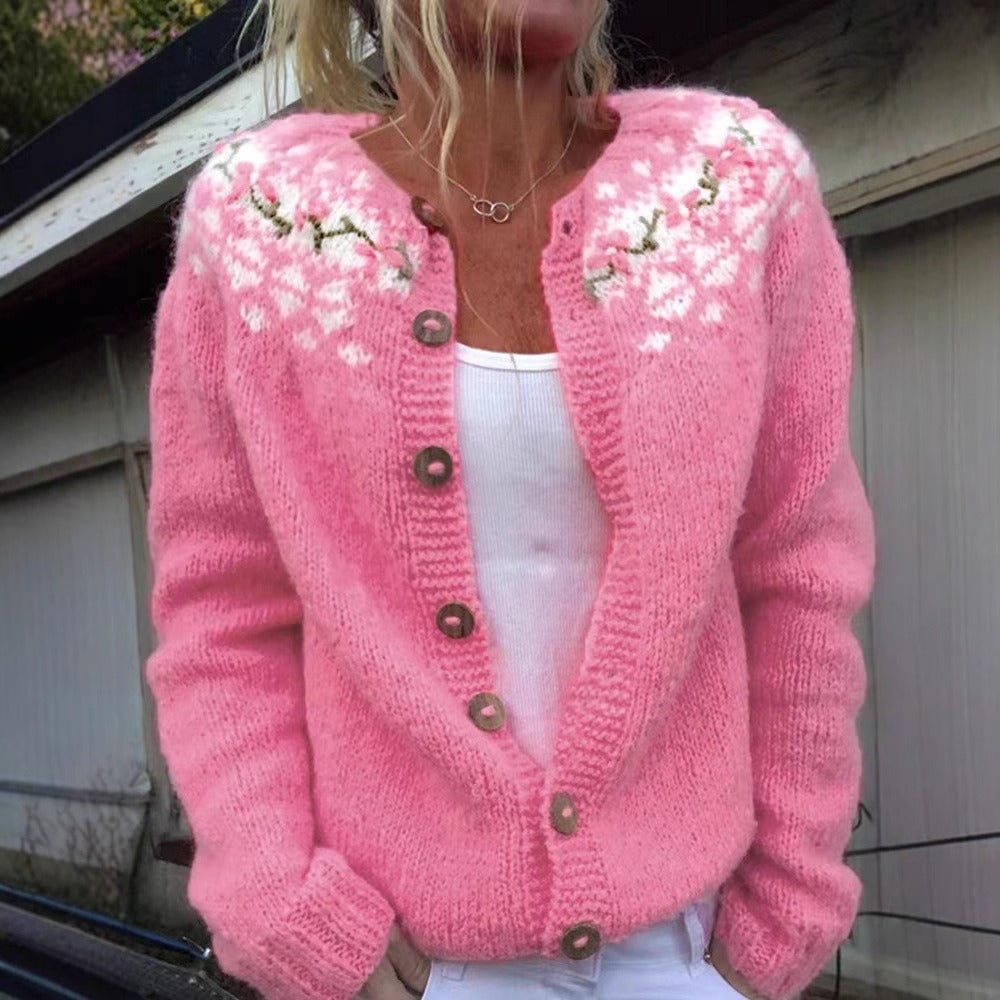 Alda Cardigan Donna con Girocollo con Bottoni a Maniche Lunghe e Stampa Floreale, foto 1