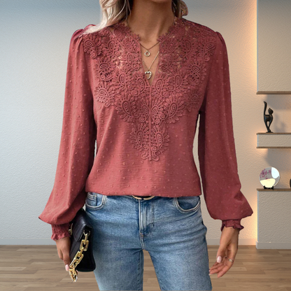 Amalia Blusa Donna con Scollo a V a Maniche Lunghe e Pizzo, foto 1