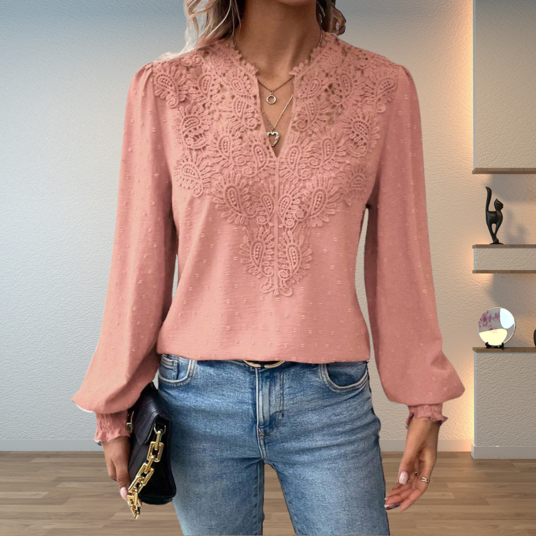 Amalia Blusa Donna con Scollo a V a Maniche Lunghe e Pizzo, foto 5