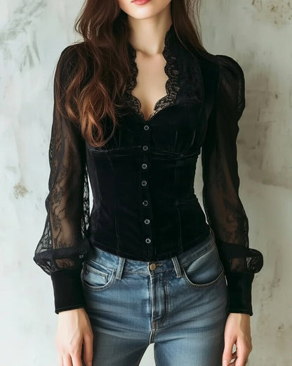 Andromeda Blusa Donna con Scollo a V con Bottoni e Pizzo, foto 1