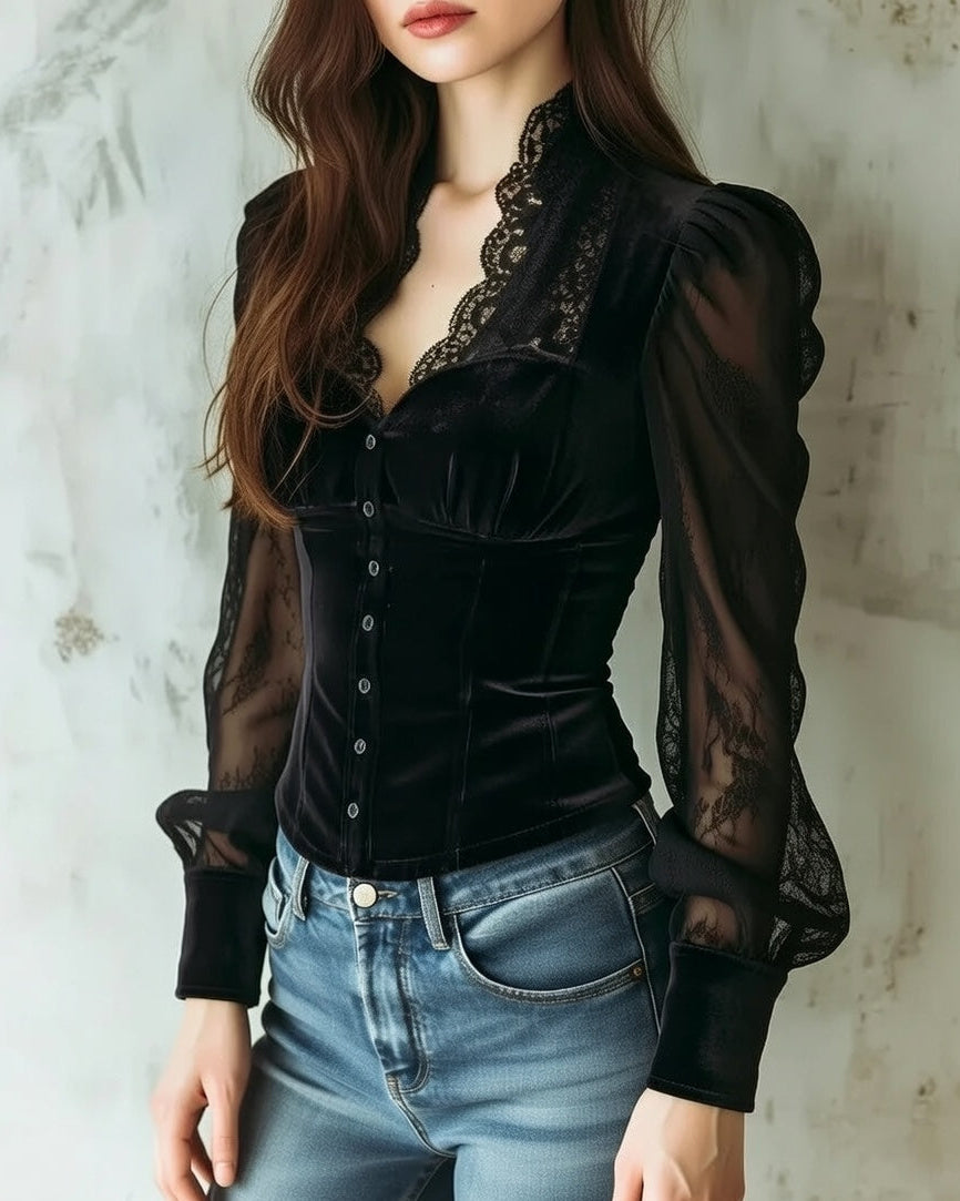 Andromeda Blusa Donna con Scollo a V con Bottoni e Pizzo, foto 2