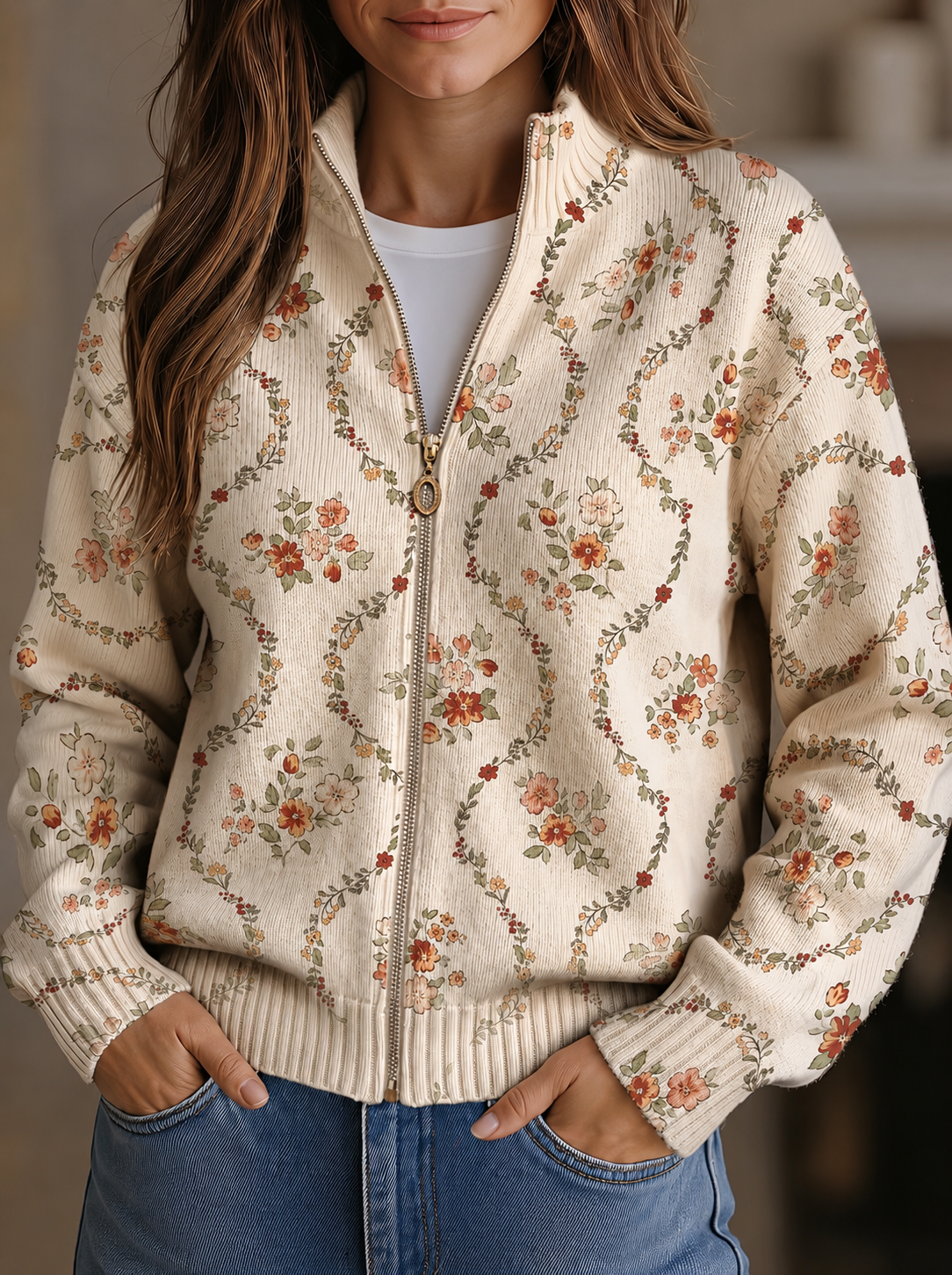 Arduina Cardigan Donna in Maglia a Coste con Collo alla Coreana e Stampa Floreale, foto 1