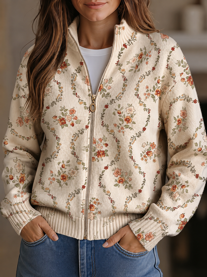 Arduina Cardigan Donna in Maglia a Coste con Collo alla Coreana e Stampa Floreale, foto 1