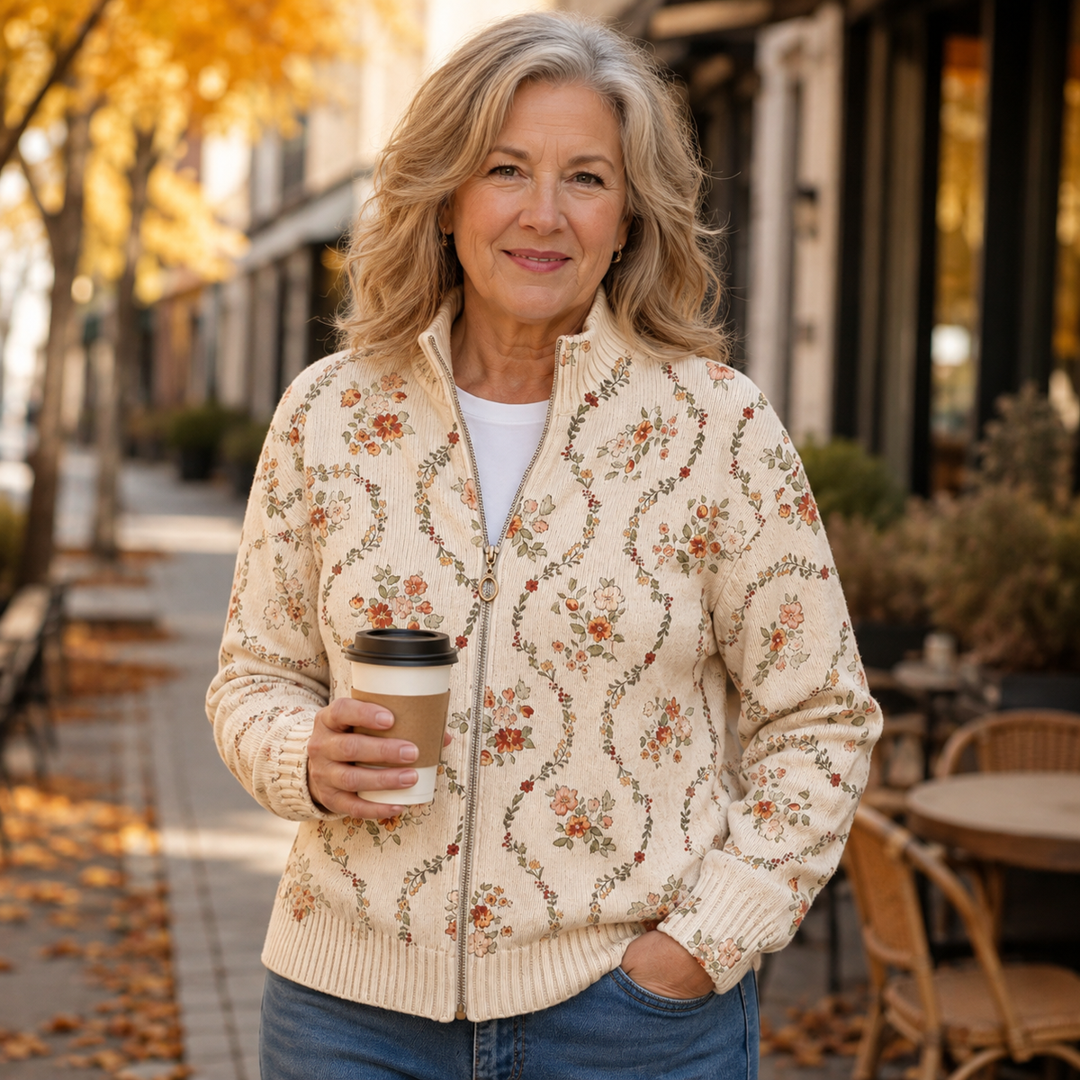 Arduina Cardigan Donna in Maglia a Coste con Collo alla Coreana e Stampa Floreale, foto 2