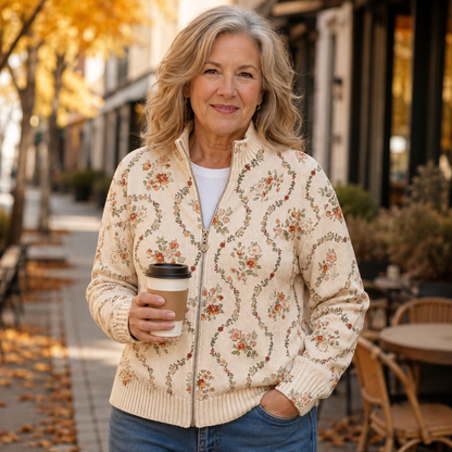 Arduina Cardigan Donna in Maglia a Coste con Collo alla Coreana e Stampa Floreale, foto 2