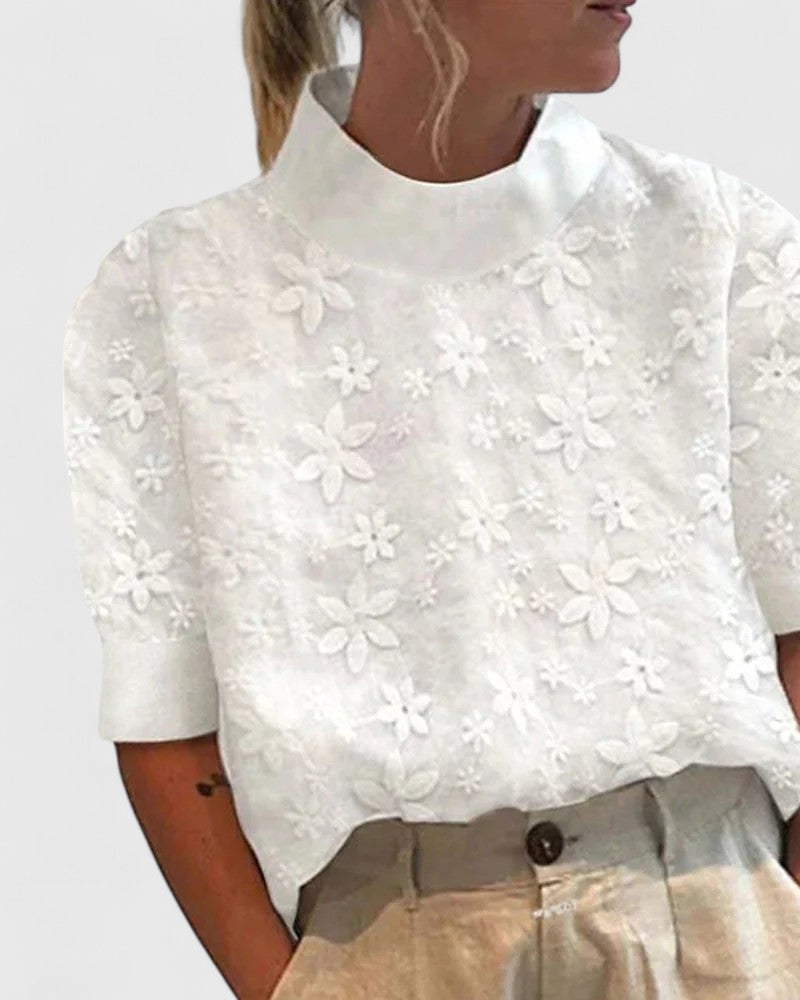 Arianna Blusa Donna con Collo alla Coreana a Maniche Corte e Ricamo, foto 1