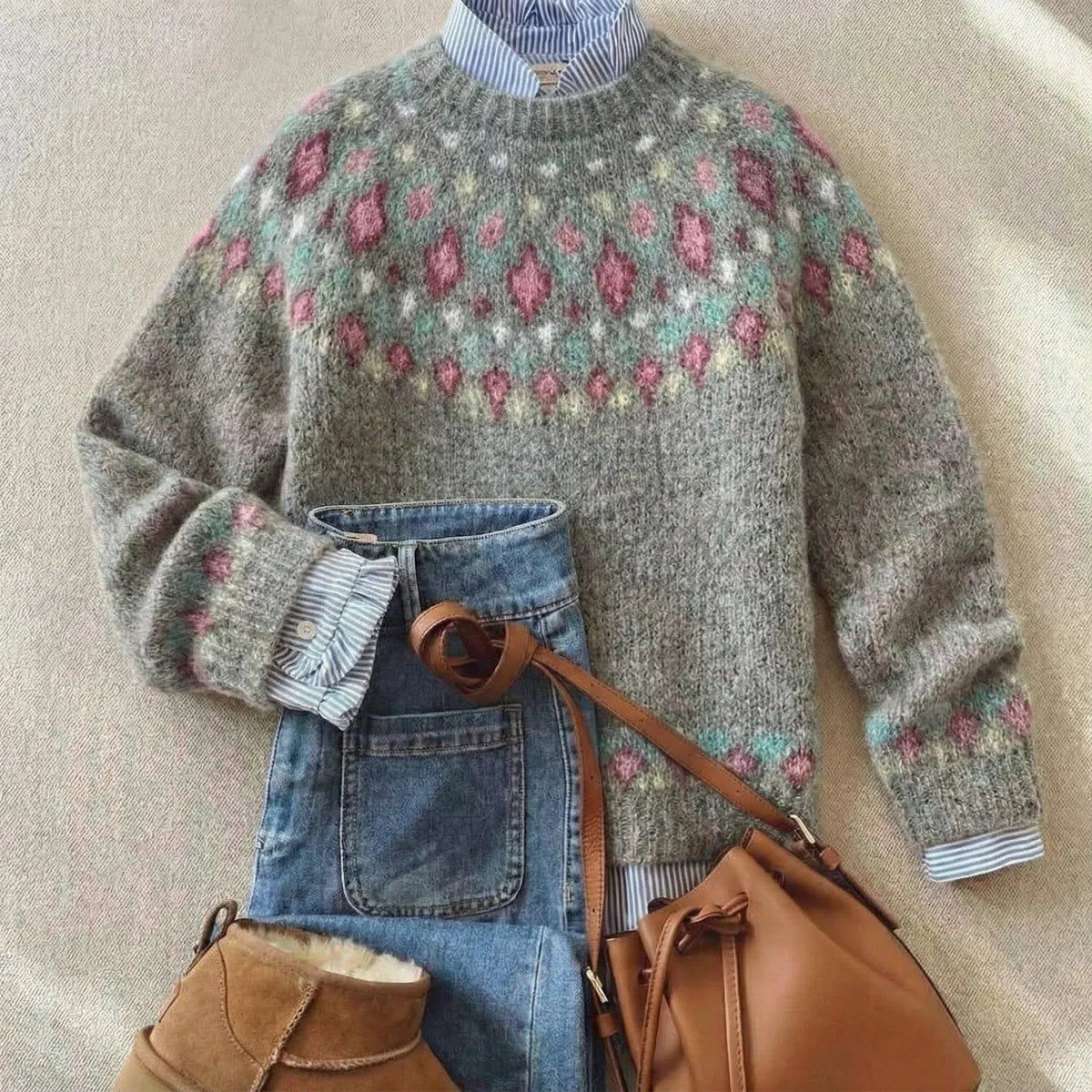Ausilia Maglione Donna in Maglia dalla Vestibilità Morbida con Girocollo a Maniche Lunghe in Grigio Tenue, foto 1