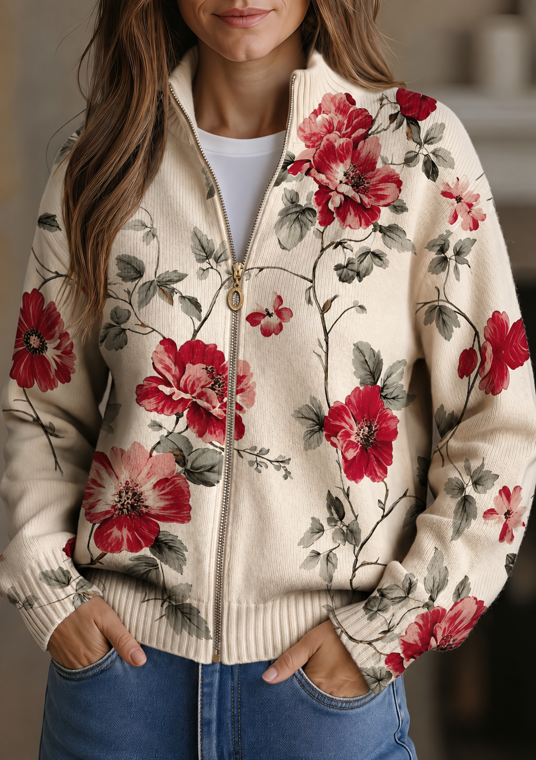 Colomba Cardigan Donna in Maglia a Coste con Zip e Stampa Floreale e Stampa Integrale, foto 1