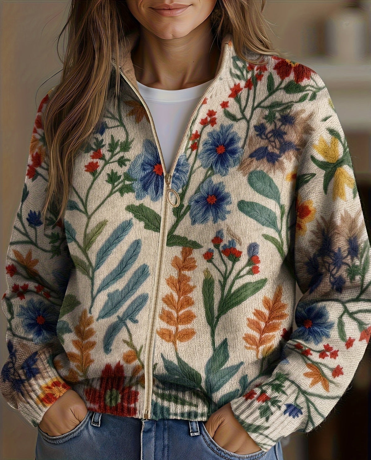 Consolata Cardigan Donna in Maglia con Zip e Stampa Floreale e Tasche, foto 1