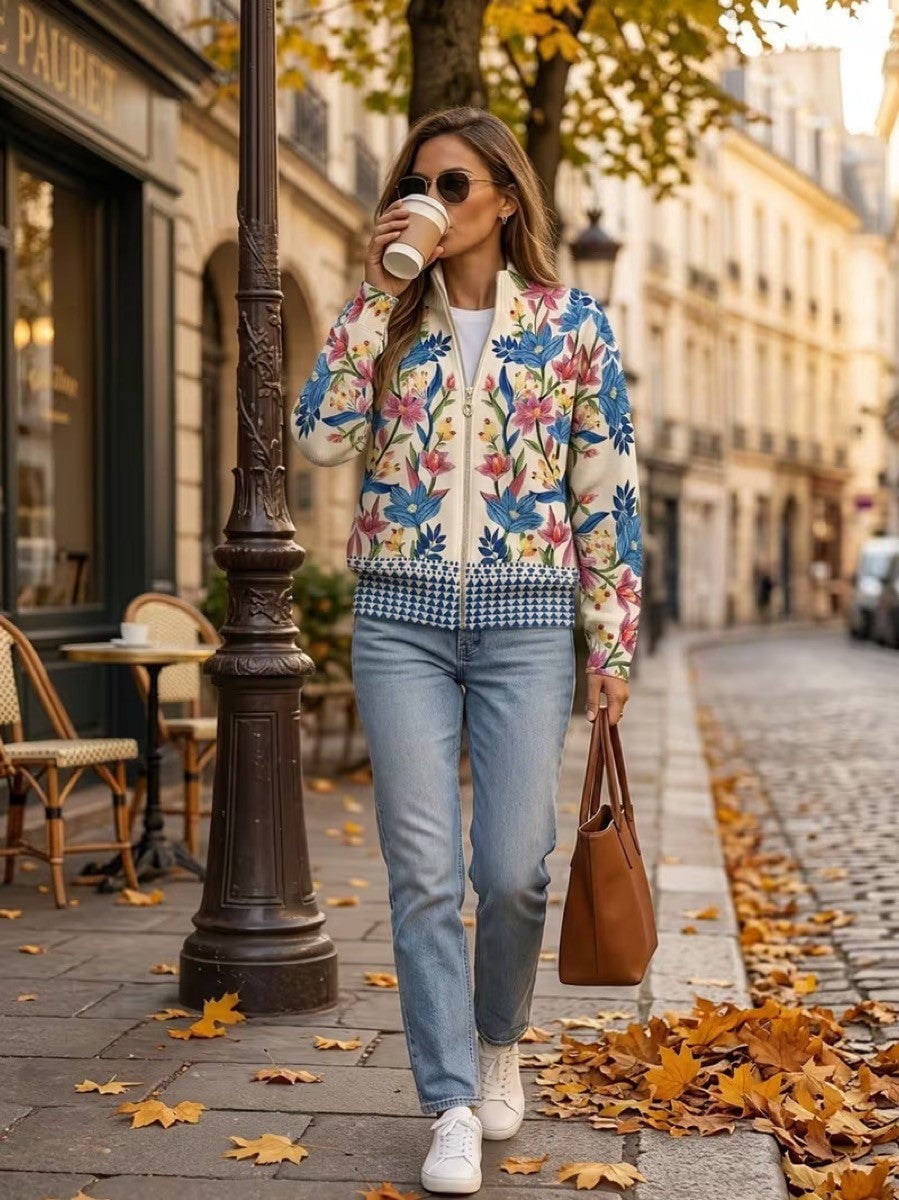 Consolata Cardigan Donna in Maglia con Zip e Stampa Floreale e Tasche, foto 2