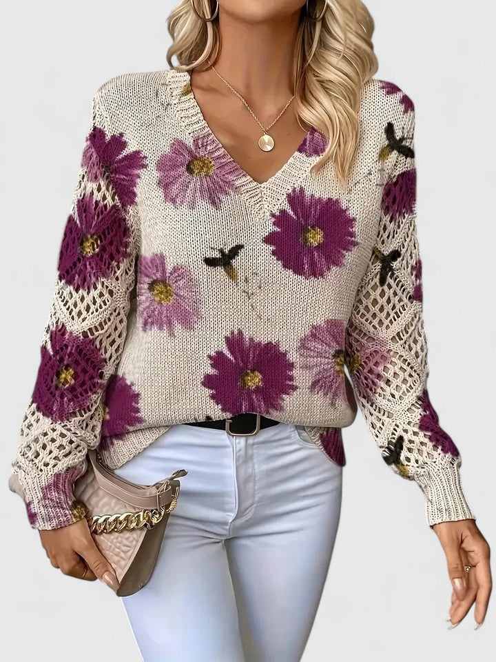 Diamante Cardigan Donna con Scollo a V e Stampa Floreale, foto 4