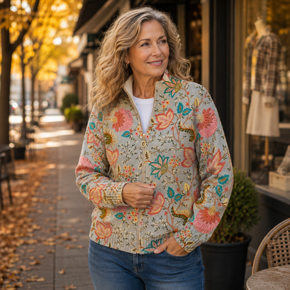 Druscilla Cardigan Donna in Maglia a Coste con Collo alla Coreana con Zip e Stampa Floreale e Stampa Integrale, foto 2