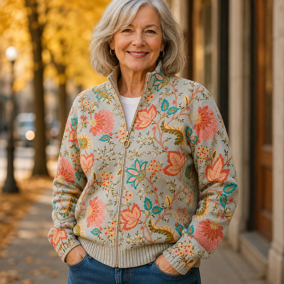 Druscilla Cardigan Donna in Maglia a Coste con Collo alla Coreana con Zip e Stampa Floreale e Stampa Integrale, foto 3