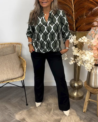 Edvige Blusa Donna con Scollo a V a Maniche Lunghe e Stampa Integrale, foto 1