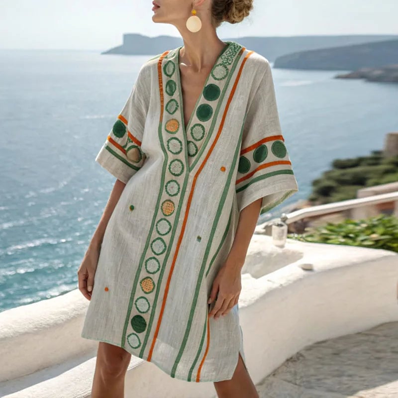 Fiorenza Abito Donna con Scollo a V a Maniche Corte al Ginocchio e Ricamo, foto 1