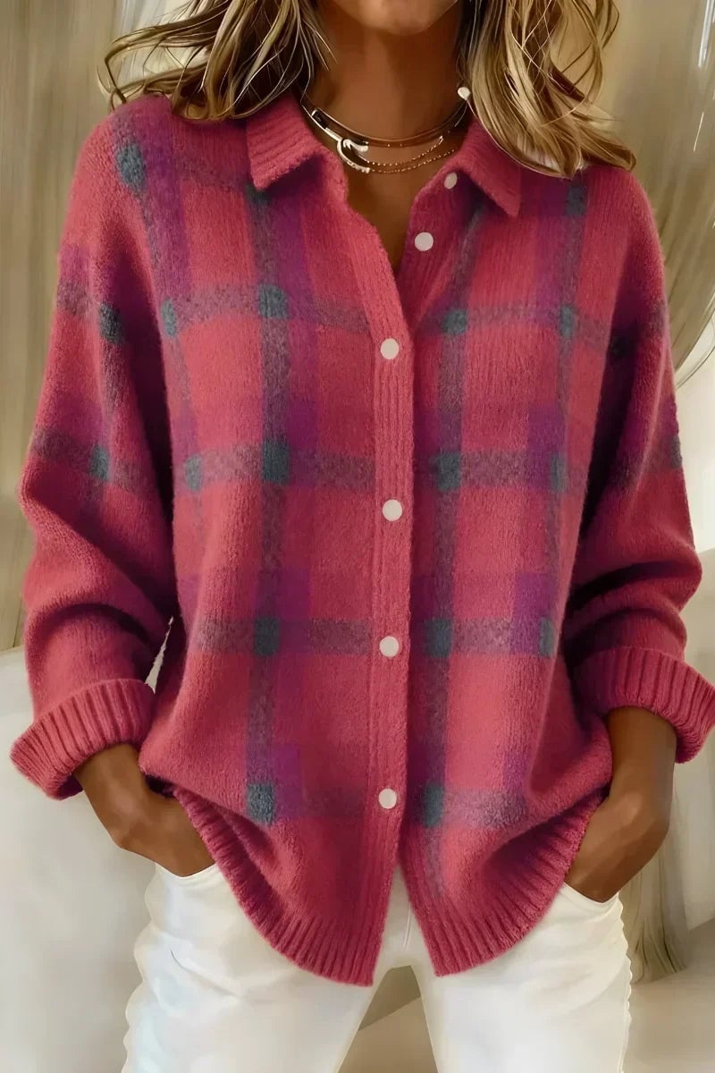 Flaminia Cardigan Donna con Bottoni e Quadri in Rosa, foto 1