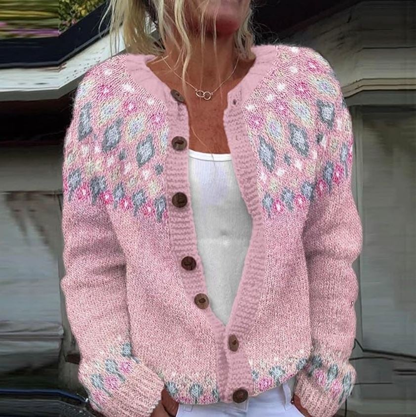 Fulvia Cardigan Donna con Girocollo con Bottoni e Stampa Floreale, foto 1