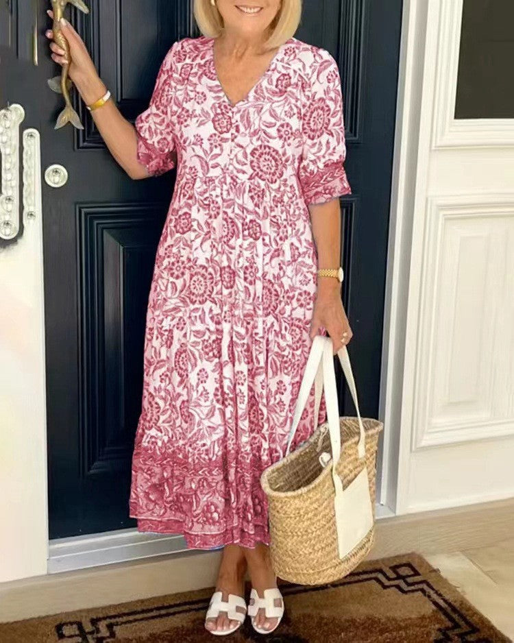 Giacinta Abito Donna con Scollo a V a Maniche Corte in Lunghezza Midi e Stampa Floreale, foto 3