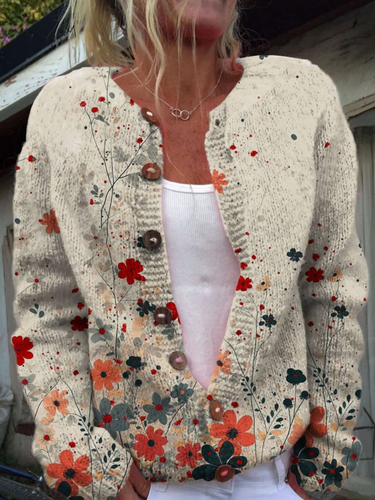 Ilenia Cardigan Donna in Maglia con Girocollo e Stampa Floreale, foto 1