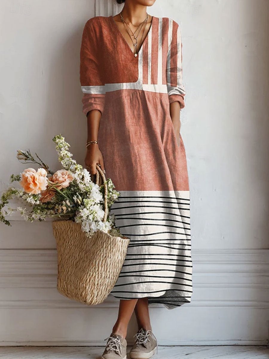 Lucilla Abito Donna con Scollo a V a Maniche Lunghe in Lunghezza Midi e Righe e Color Block, foto 1