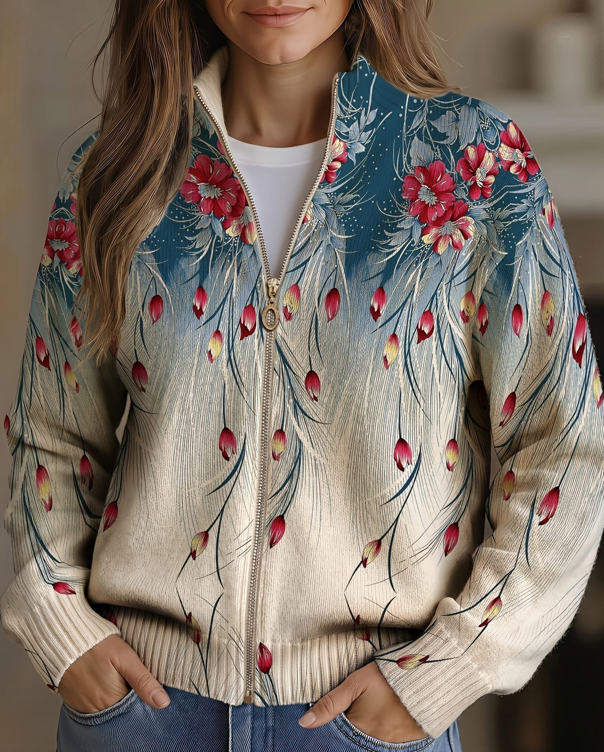 Luigia Cardigan Donna in Maglia con Collo alla Coreana con Zip e Stampa Floreale e Stampa Integrale, foto 1
