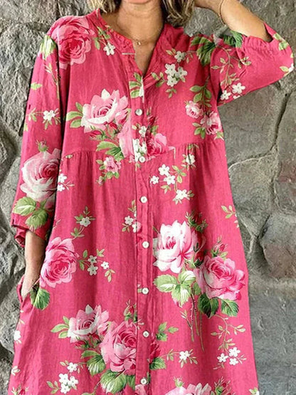Mafalda Abito Donna in Cotone con Scollo a V e Stampa Floreale, foto 3