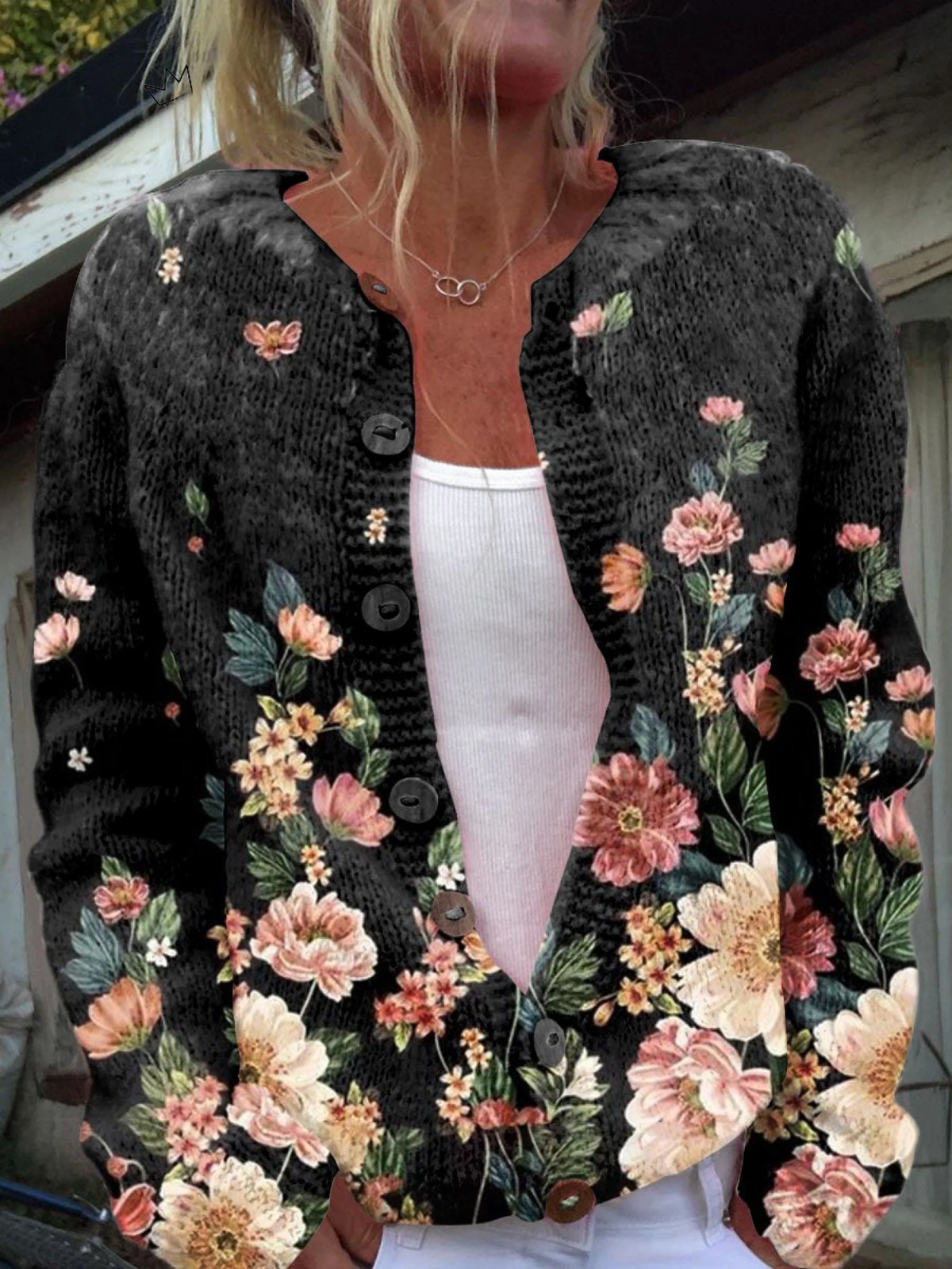 Mauretta Cardigan Donna con Girocollo con Bottoni a Maniche Lunghe e Stampa Floreale e Ricamo, foto 1