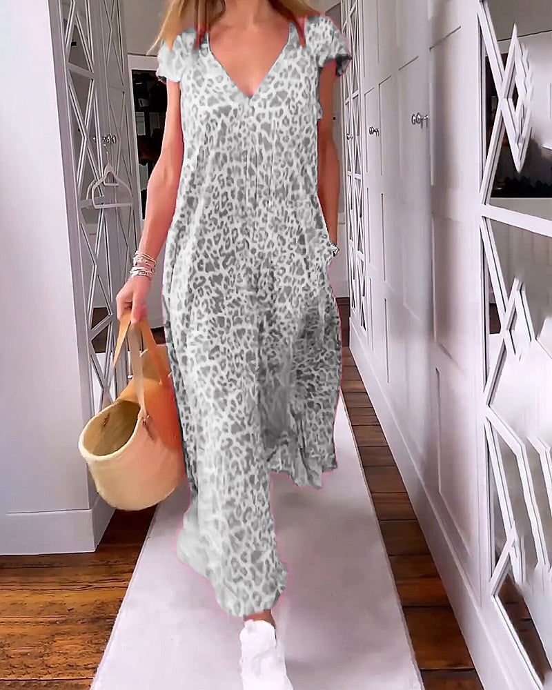 Nilde Abito Donna a Gamba Dritta con Scollo a V e Stampa Leopardata, foto 4