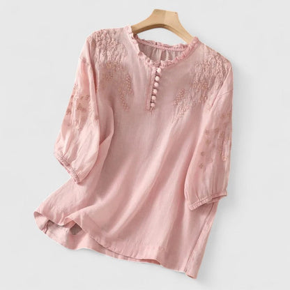 Novella Blusa Donna con Collo alla Coreana con Bottoni e Ricamo, foto 3