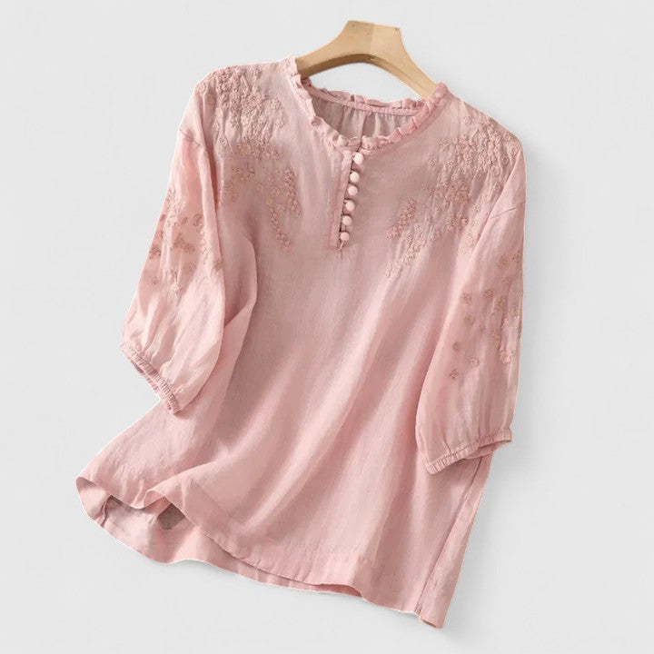 Novella Blusa Donna con Collo alla Coreana con Bottoni e Ricamo, foto 3