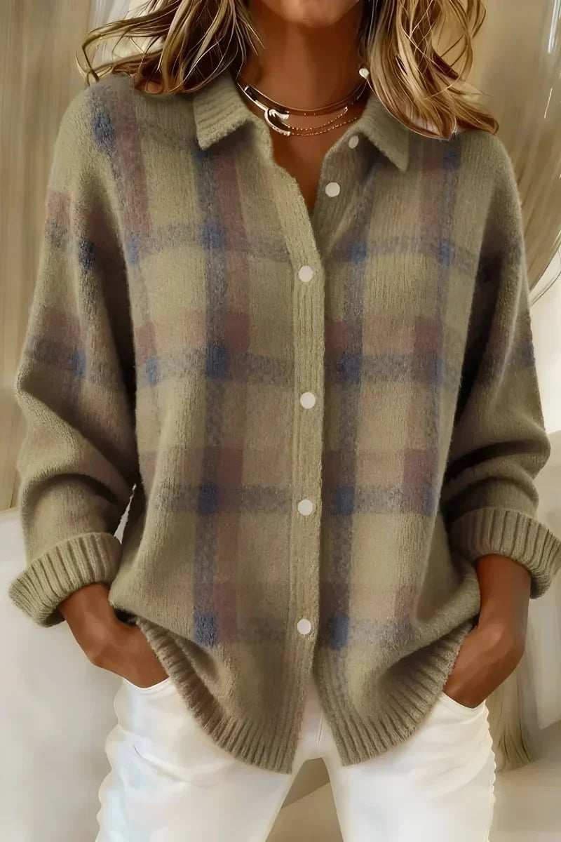 Oretta Cardigan Donna in Maglia con Bottoni e Quadri in Marrone, foto 1
